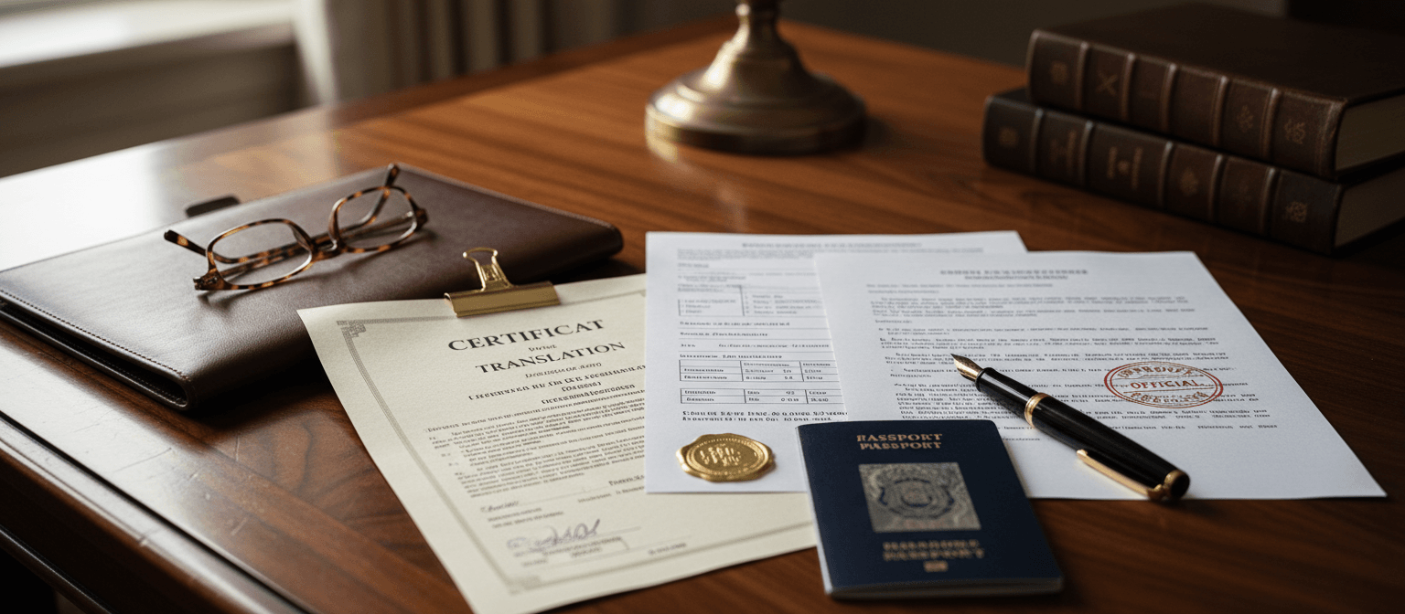 Certified translation documents on a desk