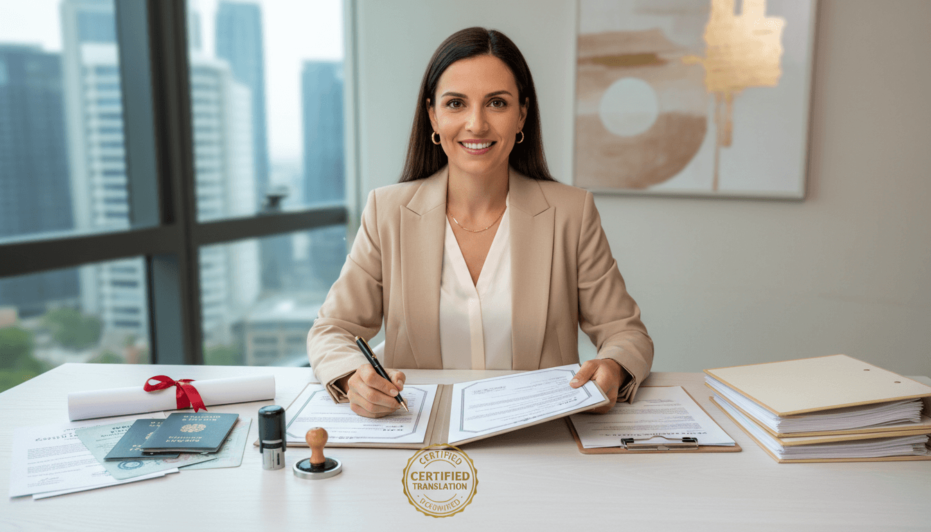 Certified translation specialist reviewing official documents