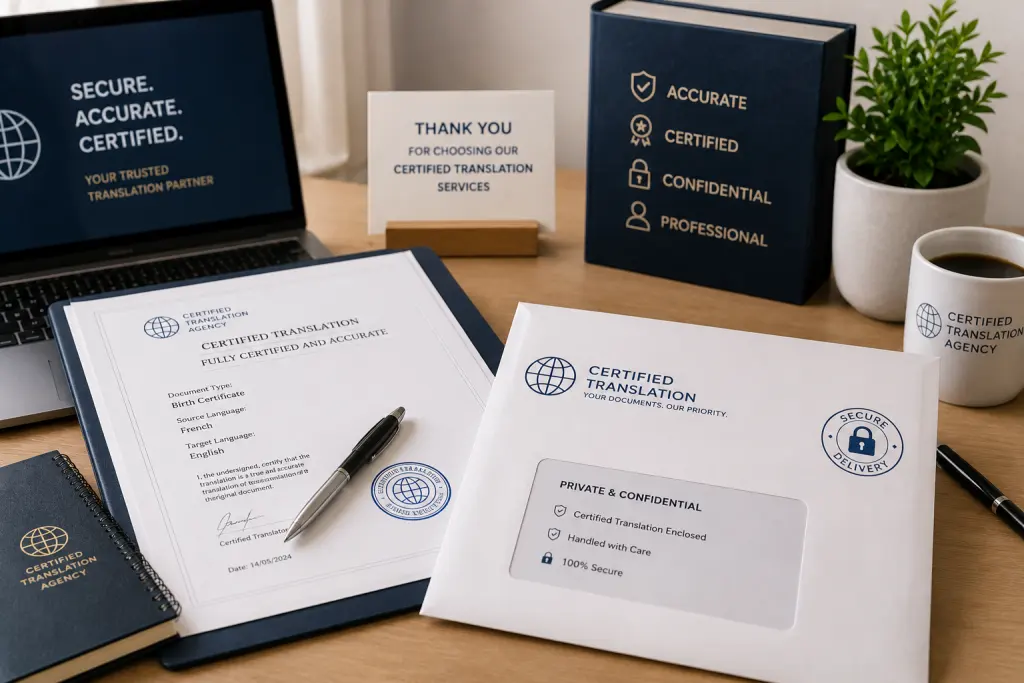 Certified translation documents prepared for secure digital or hard-copy delivery